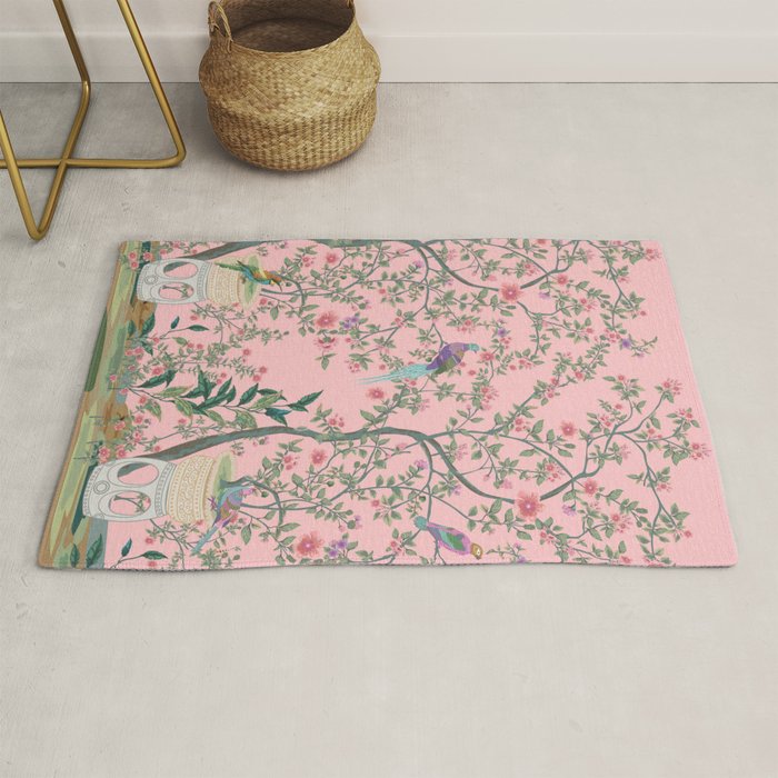 Chinoiserie Pink Fresco Floral Garden Birds Oriental Botanical Rug