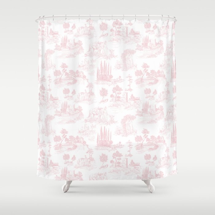 Toile De Jouy Vintage French Romantic Pastoral Baby Pink & White Shower Curtain