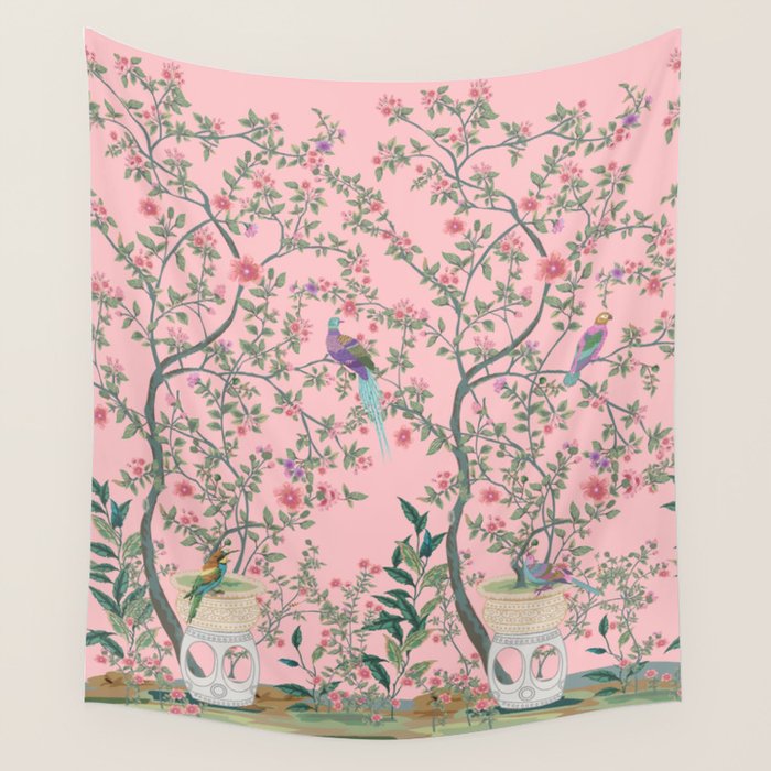 Chinoiserie Pink Fresco Floral Garden Birds Oriental Botanical Wall Tapestry