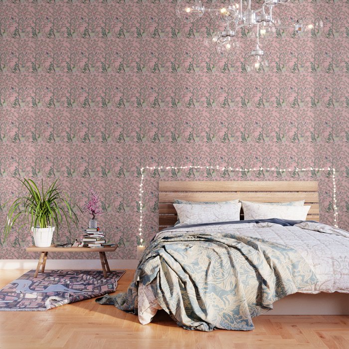 Chinoiserie Pink Fresco Floral Garden Birds Oriental Botanical Wallpaper
