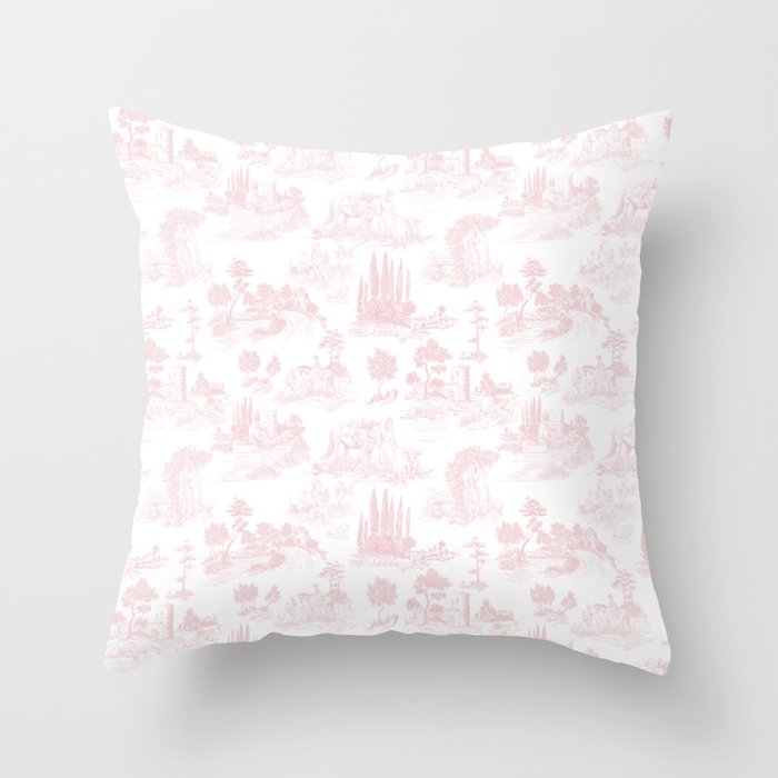 Toile De Jouy Vintage French Romantic Pastoral Baby Pink & White Throw Pillow