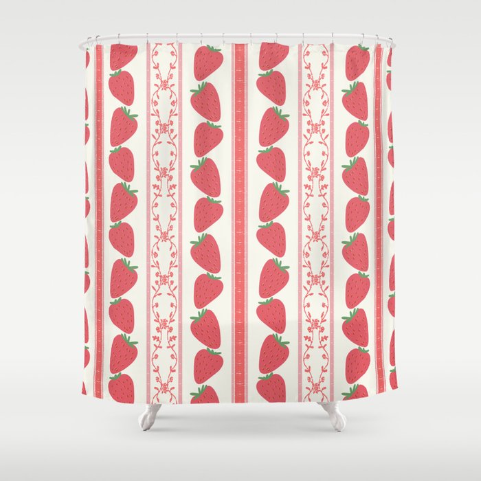 Strawberries Red Stripes  Shower Curtain