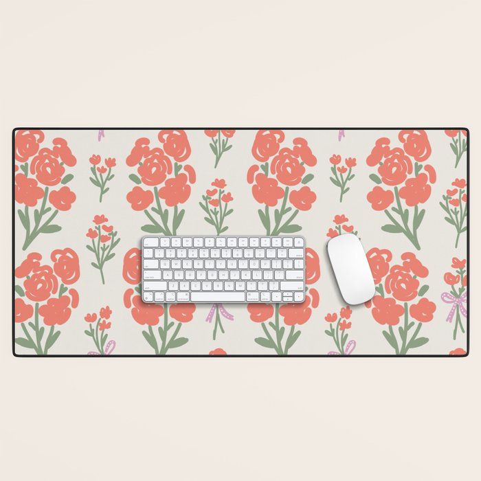 Preppy Grandmillennial Cute Red Flowers Desk Mat