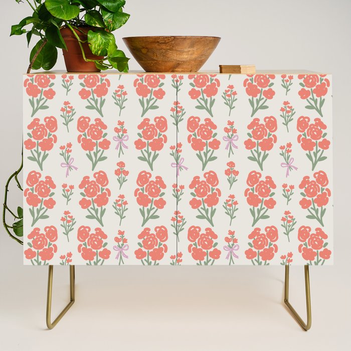 Preppy Grandmillennial Cute Red Flowers Credenza