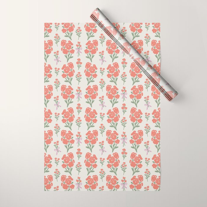 Preppy Grandmillennial Cute Red Flowers Wrapping Paper
