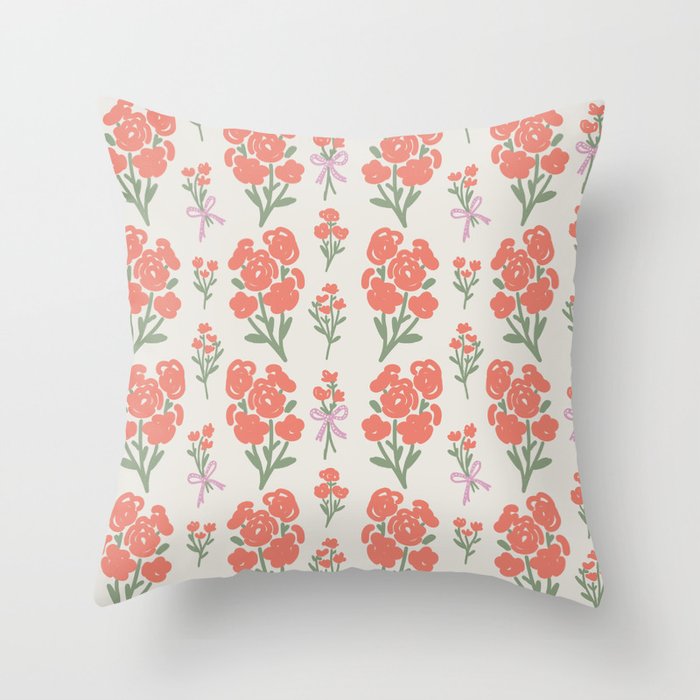 Preppy Grandmillennial Cute Red Flowers Throw Pillow