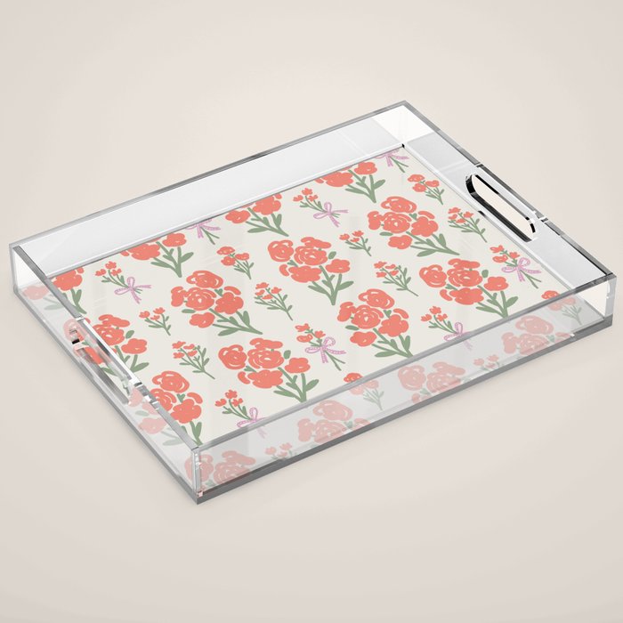 Preppy Grandmillennial Cute Red Flowers Acrylic Tray