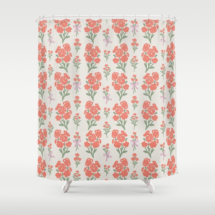 Preppy Grandmillennial Cute Red Flowers Shower Curtain