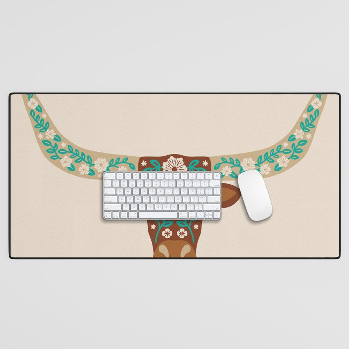 Floral Longhorn - Brown And Turquoise Desk Mat