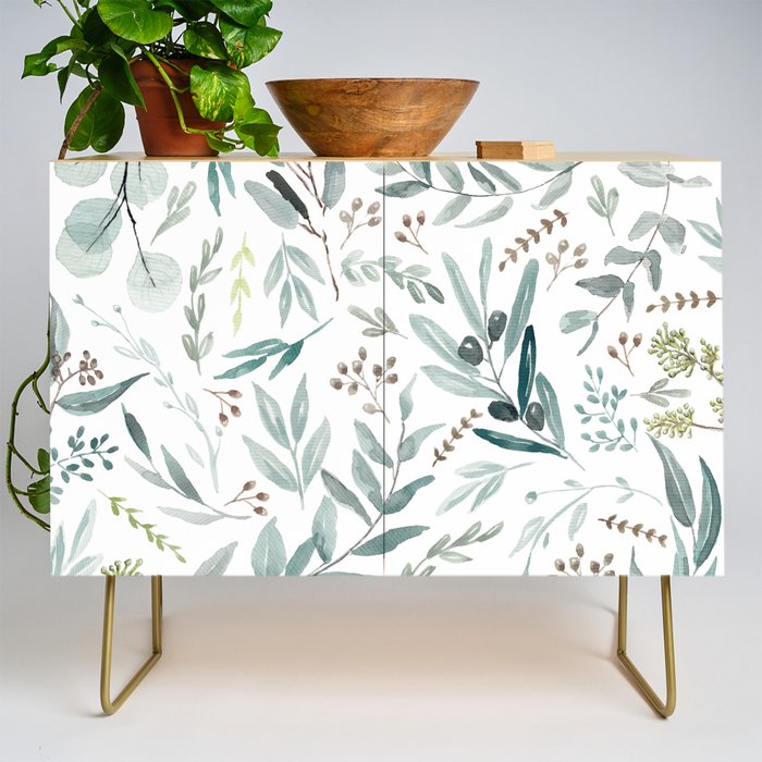 Botanical Eucalyptus Leaves Pattern Credenza