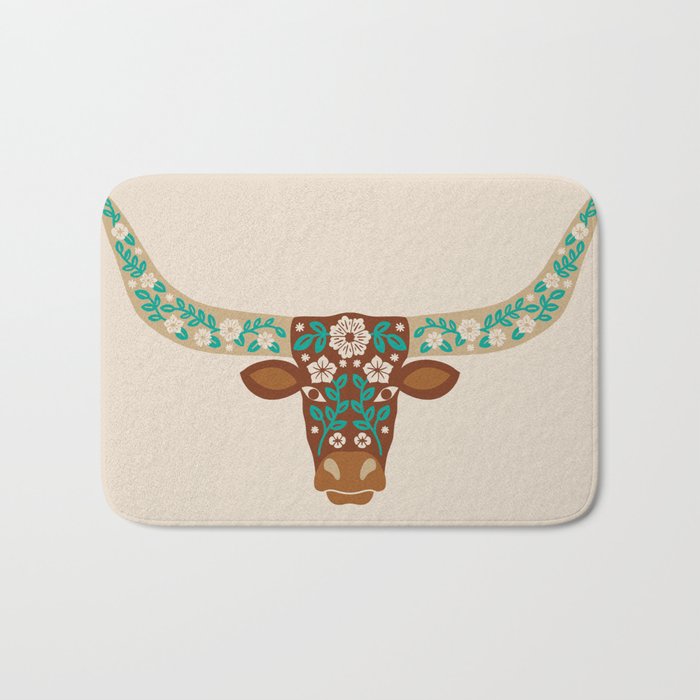 Floral Longhorn - Brown And Turquoise Bath Mat