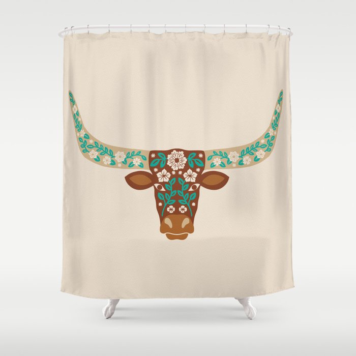 Floral Longhorn - Brown And Turquoise Shower Curtain