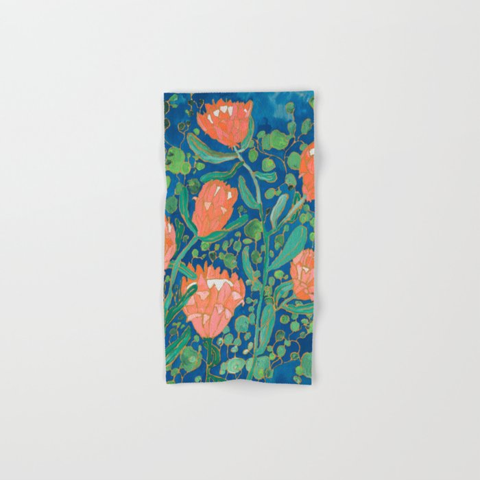 Coral Proteas On Blue Pattern Painting Bath Towel