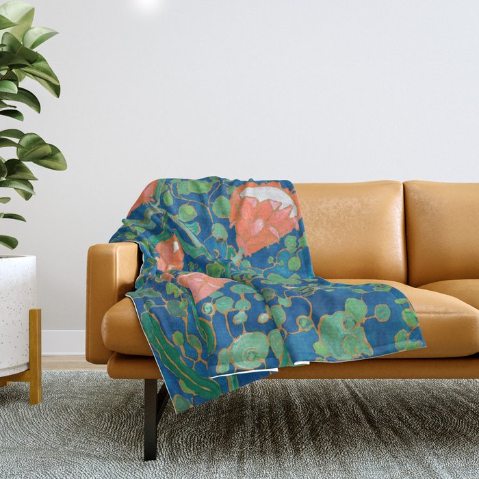 Coral Proteas On Blue Pattern Painting Throw Blanket