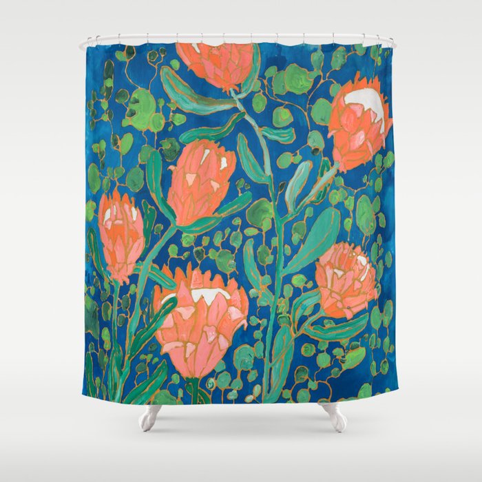 Coral Proteas On Blue Pattern Painting Shower Curtain