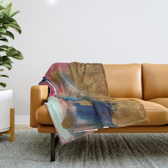 Gold Leaf & Indigo Blue Abstract Throw Blanket