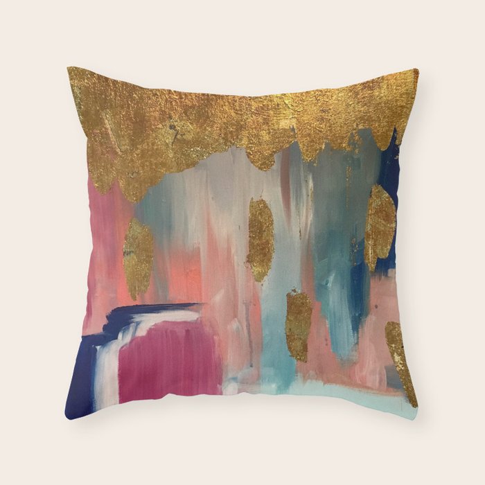 Gold Leaf & Indigo Blue Abstract Throw Pillow
