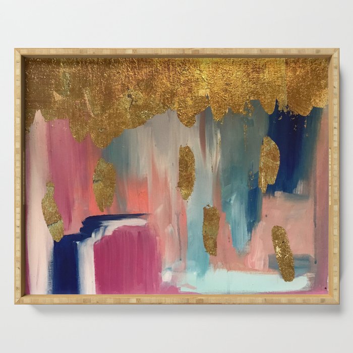 Gold Leaf & Indigo Blue Abstract Serving Tray