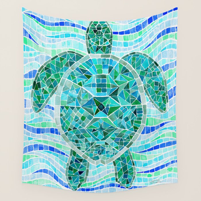 Mosaic Watercolor Sea Turtle Wall Tapestry