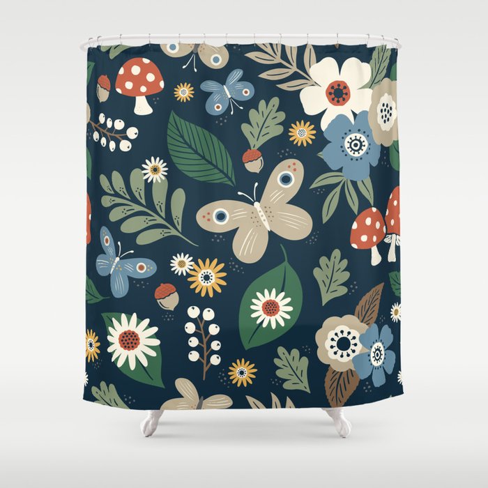 Woodland Forest Flowers - Navy Blue Shower Curtain