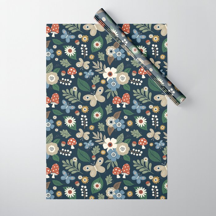 Woodland Forest Flowers - Navy Blue Wrapping Paper