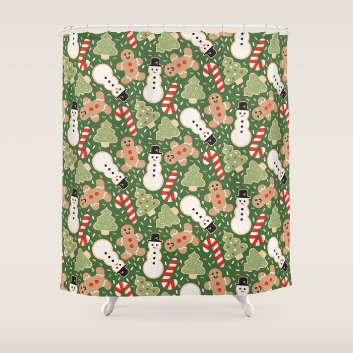 Sweet Christmas Cookies On Green Shower Curtain