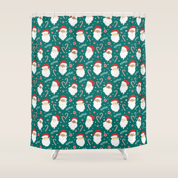 Peppermint Santas On Vivid Teal Shower Curtain