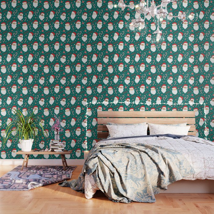 Peppermint Santas On Vivid Teal Wallpaper