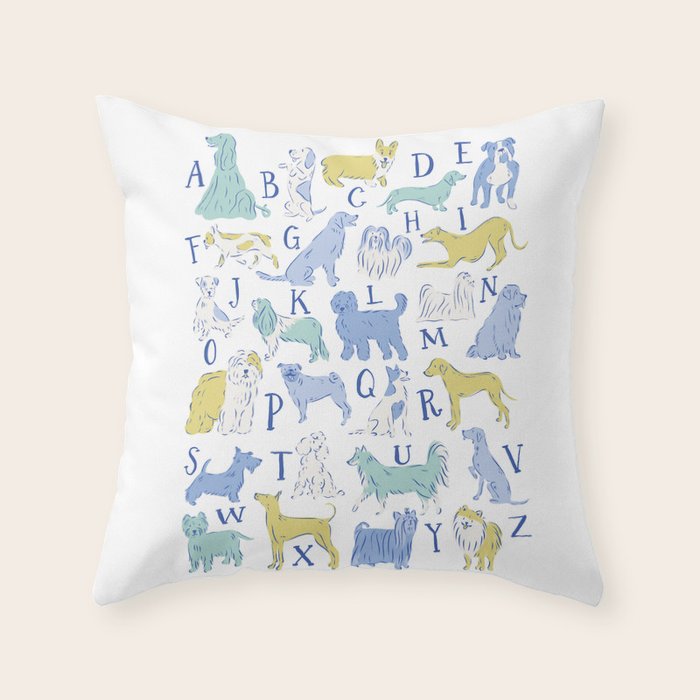 Dog Alphabet Print For Kids Room In Blue And Green Throw Pillow