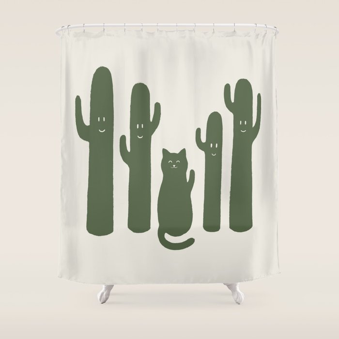 Hidden Cat 55g Green Catus Shower Curtain