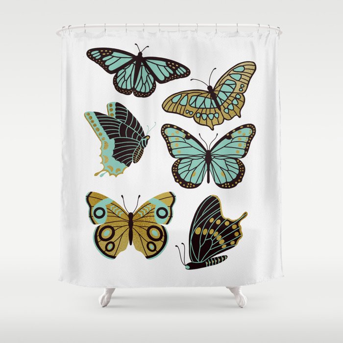 Texas Butterflies - Mint And Gold Shower Curtain