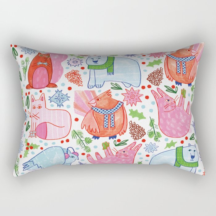 Winter Forest Woodland Animals In Pink & Blue Rectangular Pillow