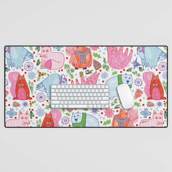 Winter Forest Woodland Animals In Pink & Blue Desk Mat