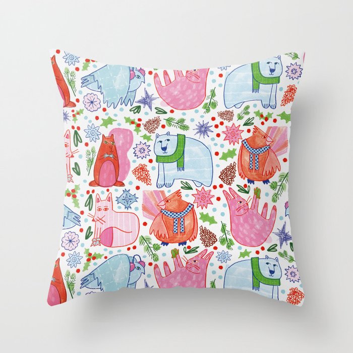 Winter Forest Woodland Animals In Pink & Blue Throw Pillow