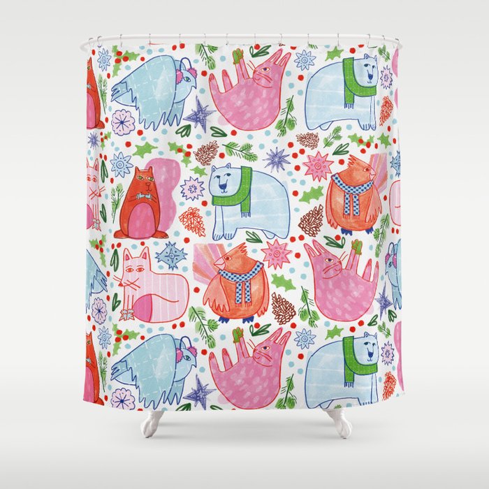 Winter Forest Woodland Animals In Pink & Blue Shower Curtain