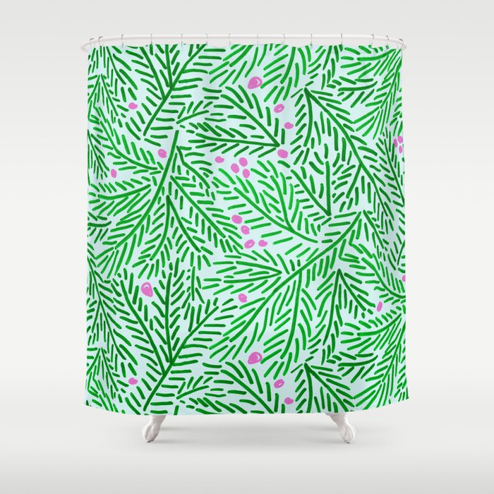 Winter Berries & Pine Branches In Green Shower Curtain