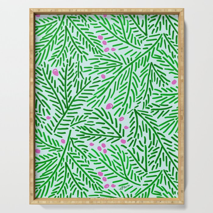 Winter Berries & Pine Branches In Green Serving Tray