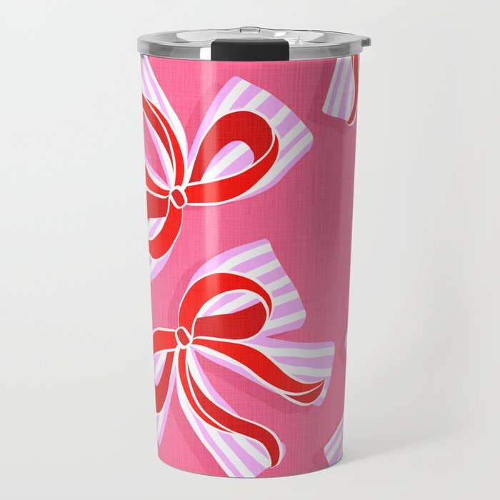Ditsy Kitsch Ribbons And Bows 2. Watermelon Pink And Red Travel Mug