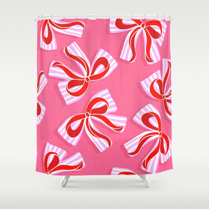 Ditsy Kitsch Ribbons And Bows 2. Watermelon Pink And Red Shower Curtain