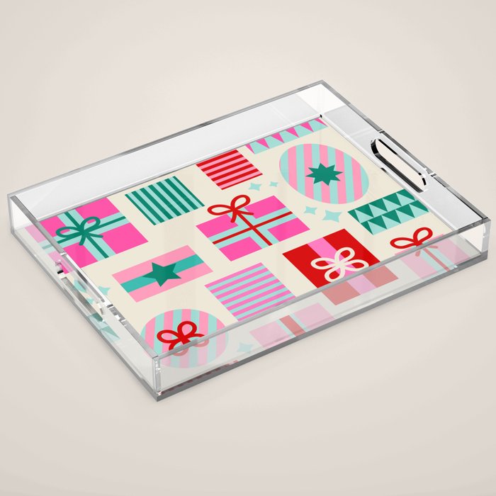 Retro Geometric Christmas Gift Pattern On Cream Acrylic Tray