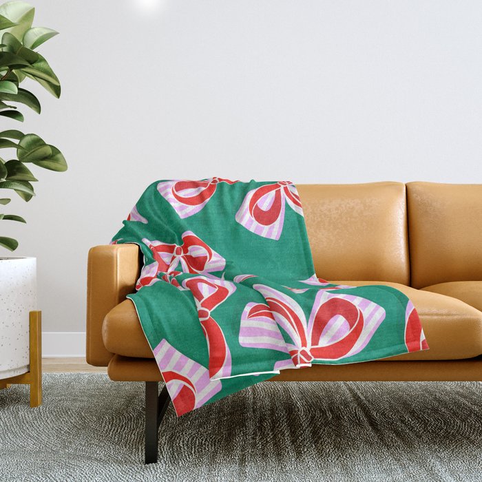Retro Kitsch Christmas Ribbons On Stripy Bows - Red And Green Throw Blanket