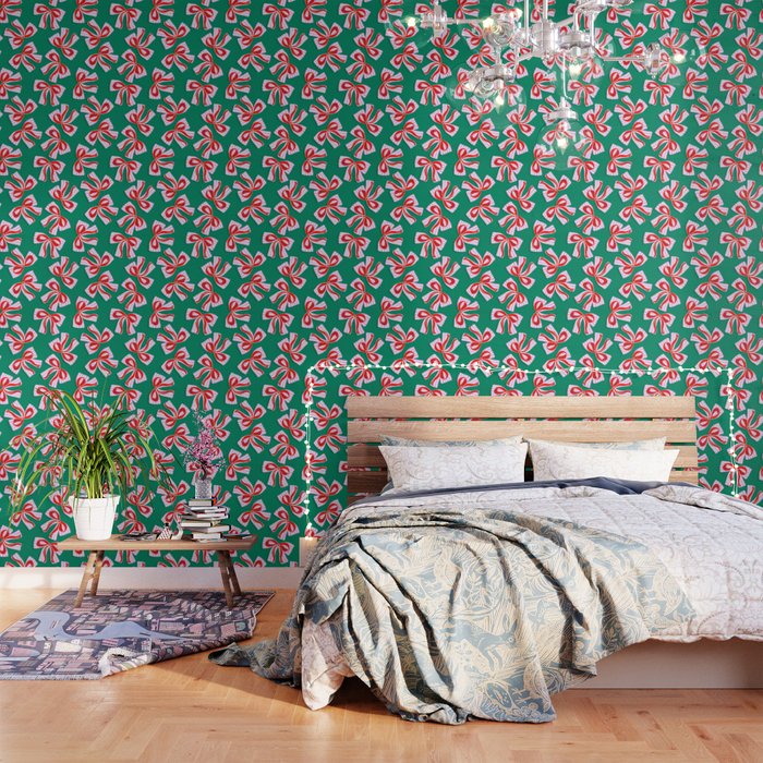 Retro Kitsch Christmas Ribbons On Stripy Bows - Red And Green Wallpaper