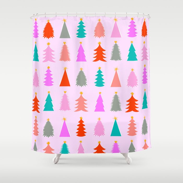 Christmas Tree Pattern On Pink Shower Curtain