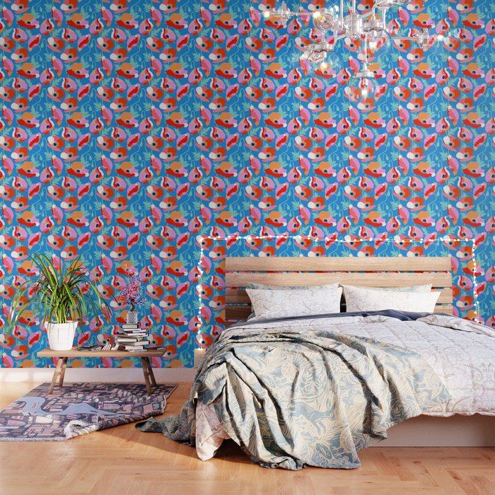 Happy Poppies 1. Red And Pink On Azure Blue Wallpaper