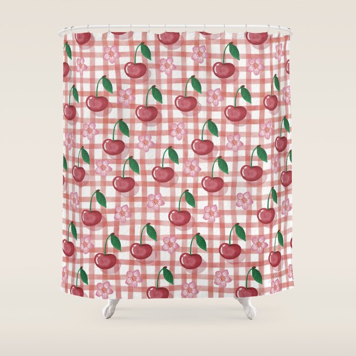 Watercolor Cherry Blossom Picnic Pattern Shower Curtain