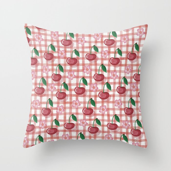 Watercolor Cherry Blossom Picnic Pattern Throw Pillow
