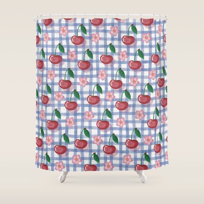 Watercolor Cherry Blossom Picnic Pattern Shower Curtain