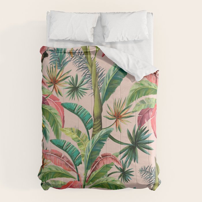 Palm Life, Tropical Palm Leaves, Banana Palm, Hollywood Regency, Green, Pinks Comforter