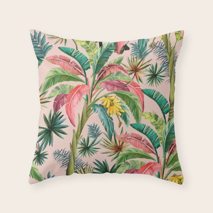 Palm Life, Tropical Palm Leaves, Banana Palm, Hollywood Regency, Green, Pinks Throw Pillow