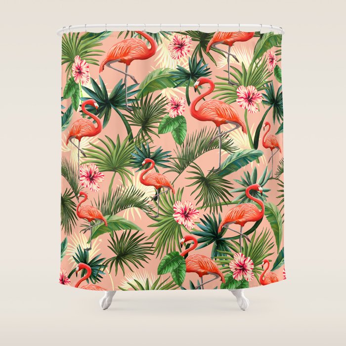 Pink Flamingoes, Tropical Palm Leaves, Retro, Hollywood Style,  Shower Curtain